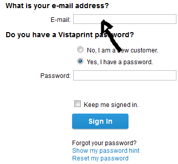 vistaprint sign in page step 1