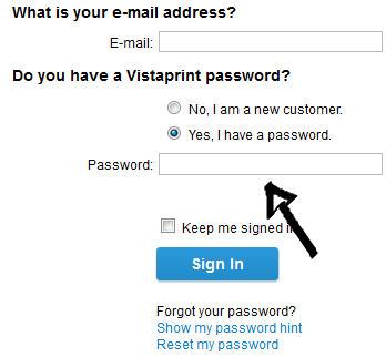 vistaprint sign in page step 2